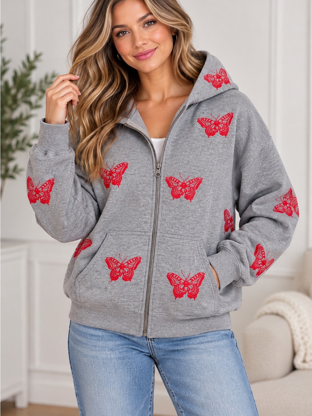 Gildan Gray Zip-Up Hoodie with Red Butterfly Motif cotton blend